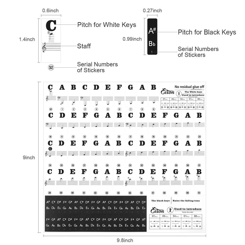 Eison Piano Stickers for Keys, Eison Full Set Piano Keyboard Stickers for 88/61/54/49/37 Keys Removable with Numbers, Leaves No Residue, Color Black - Image 2